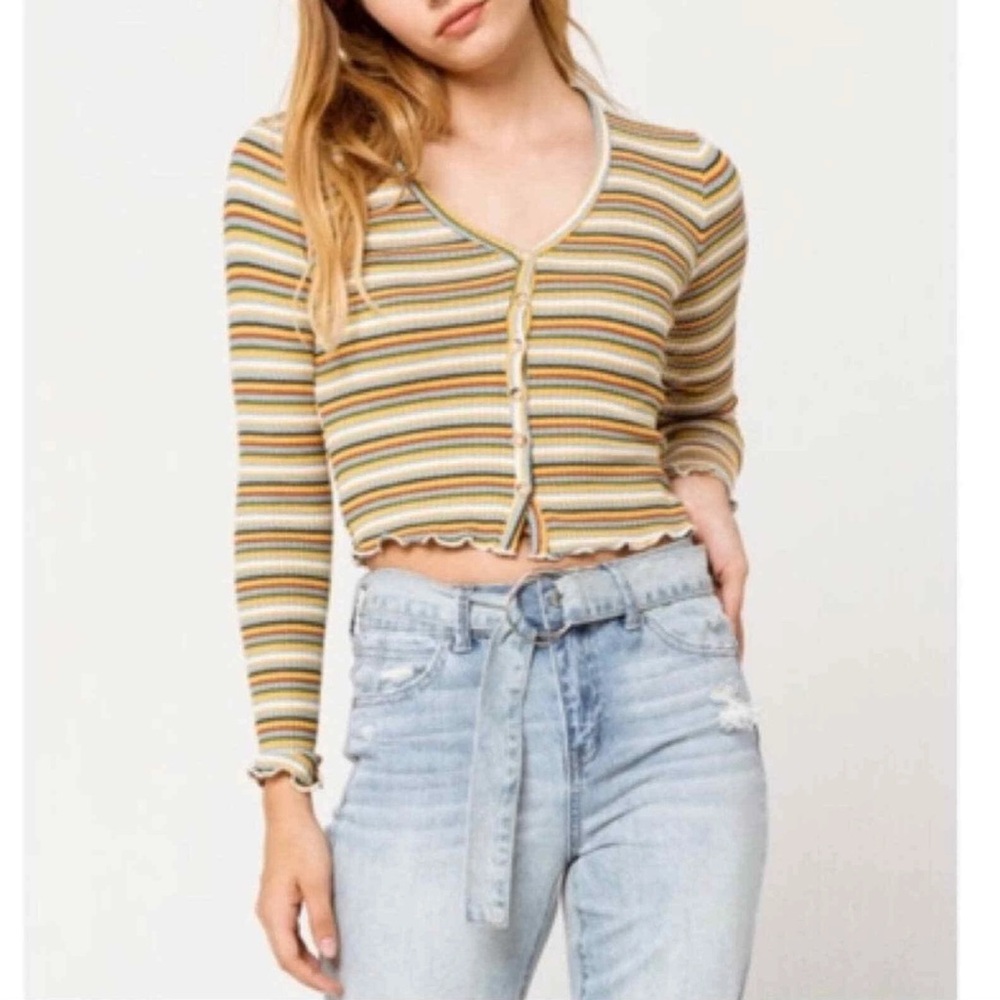 90s Style Vintage Sky and Sparrow Retro Striped Ribbed Button-Front Cardigan